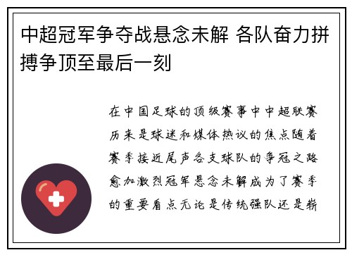 中超冠军争夺战悬念未解 各队奋力拼搏争顶至最后一刻
