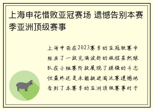 上海申花惜败亚冠赛场 遗憾告别本赛季亚洲顶级赛事