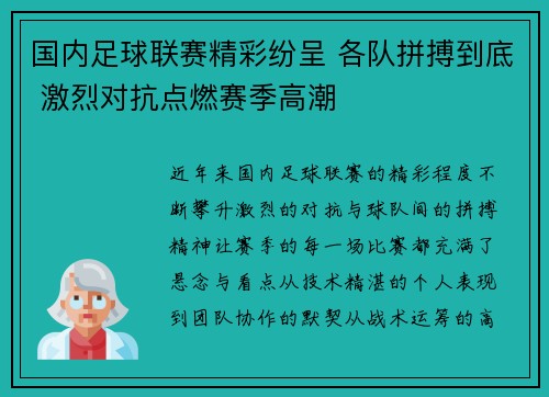 国内足球联赛精彩纷呈 各队拼搏到底 激烈对抗点燃赛季高潮