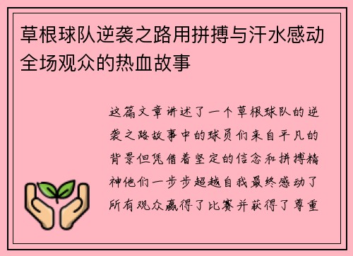 草根球队逆袭之路用拼搏与汗水感动全场观众的热血故事