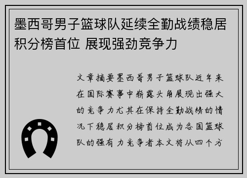 墨西哥男子篮球队延续全勤战绩稳居积分榜首位 展现强劲竞争力