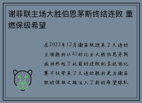谢菲联主场大胜伯恩茅斯终结连败 重燃保级希望